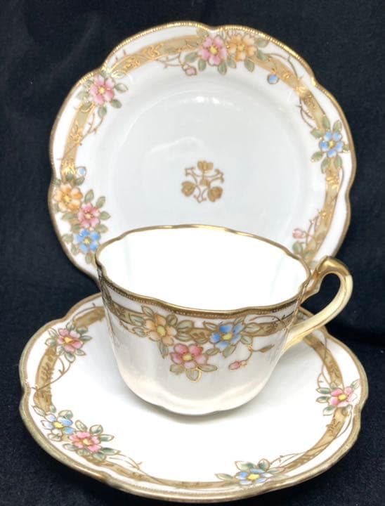 オールドノリタケ　金盛り花柄トリオ　明治