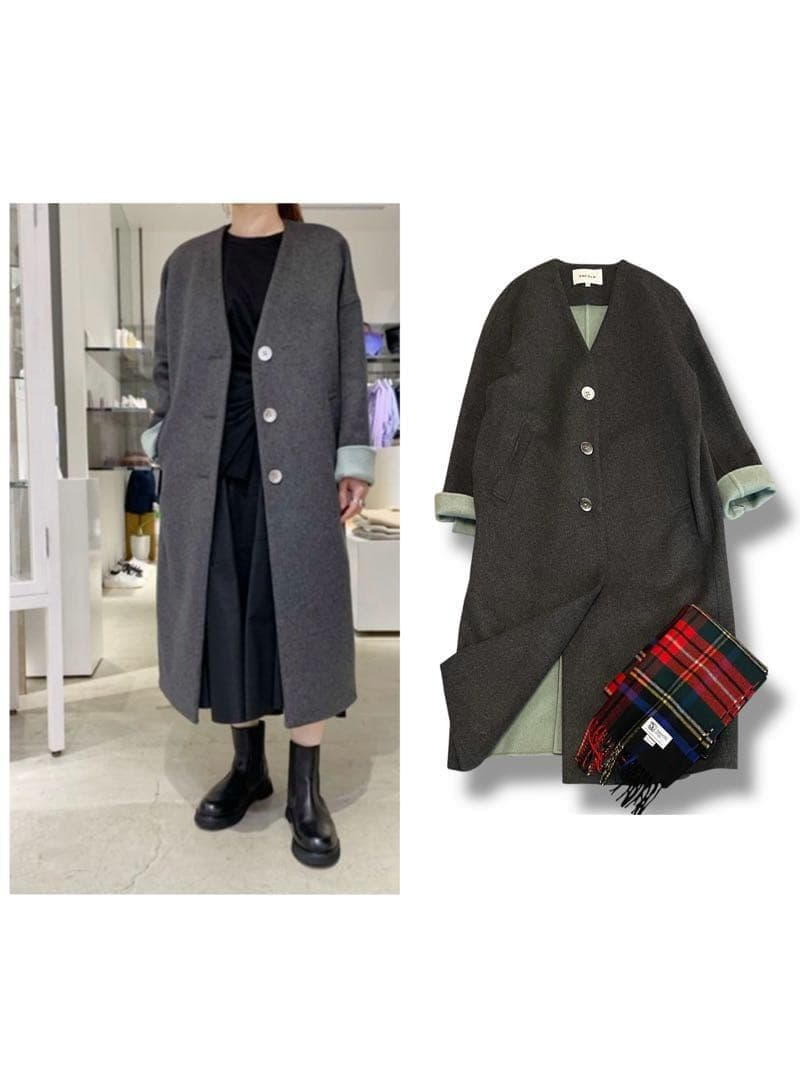 極美品◆エンフォルド ウールリバーノーカラーストレートコート バイカラー 36