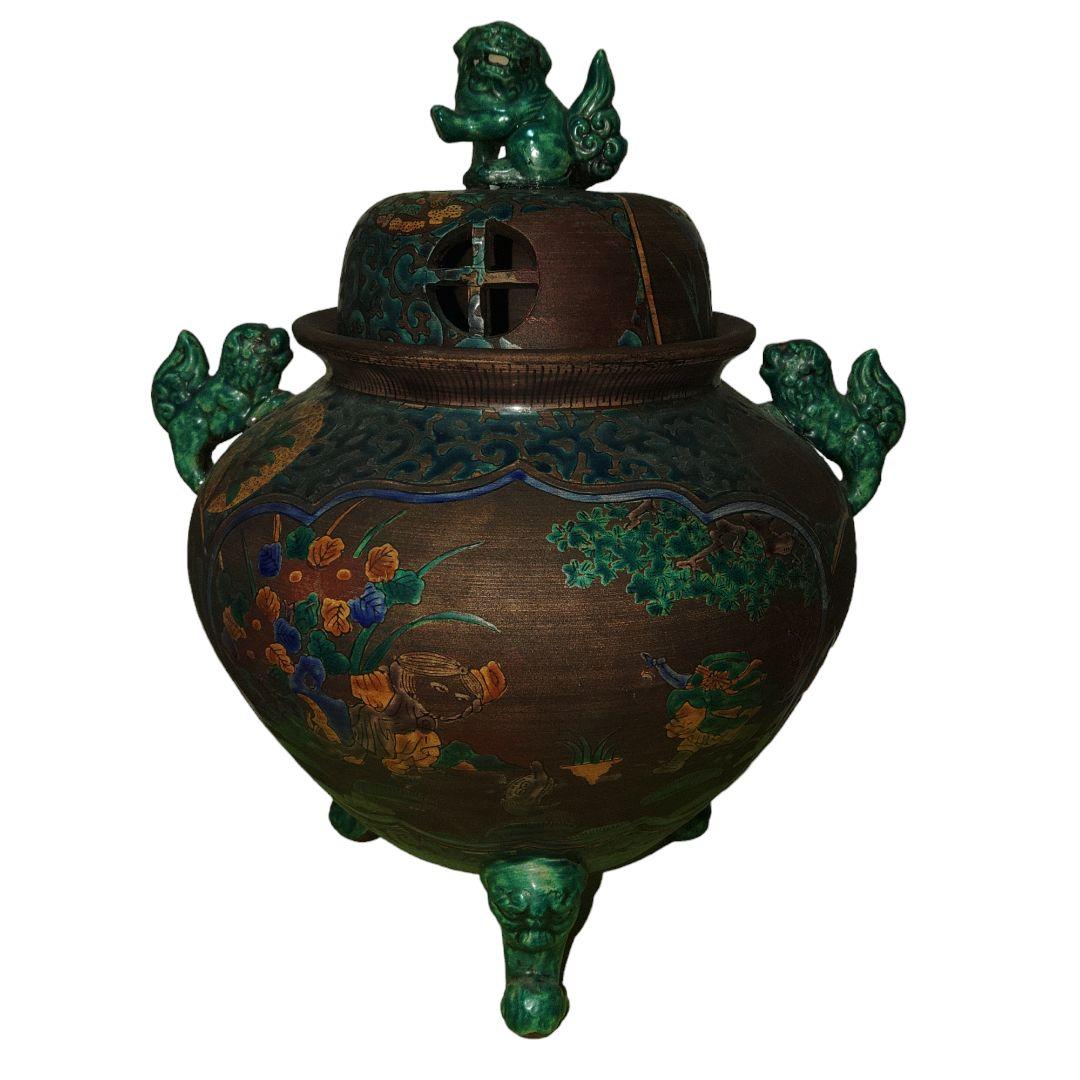 古青手九谷焼　緑釉獅子付香炉　高さ35cm