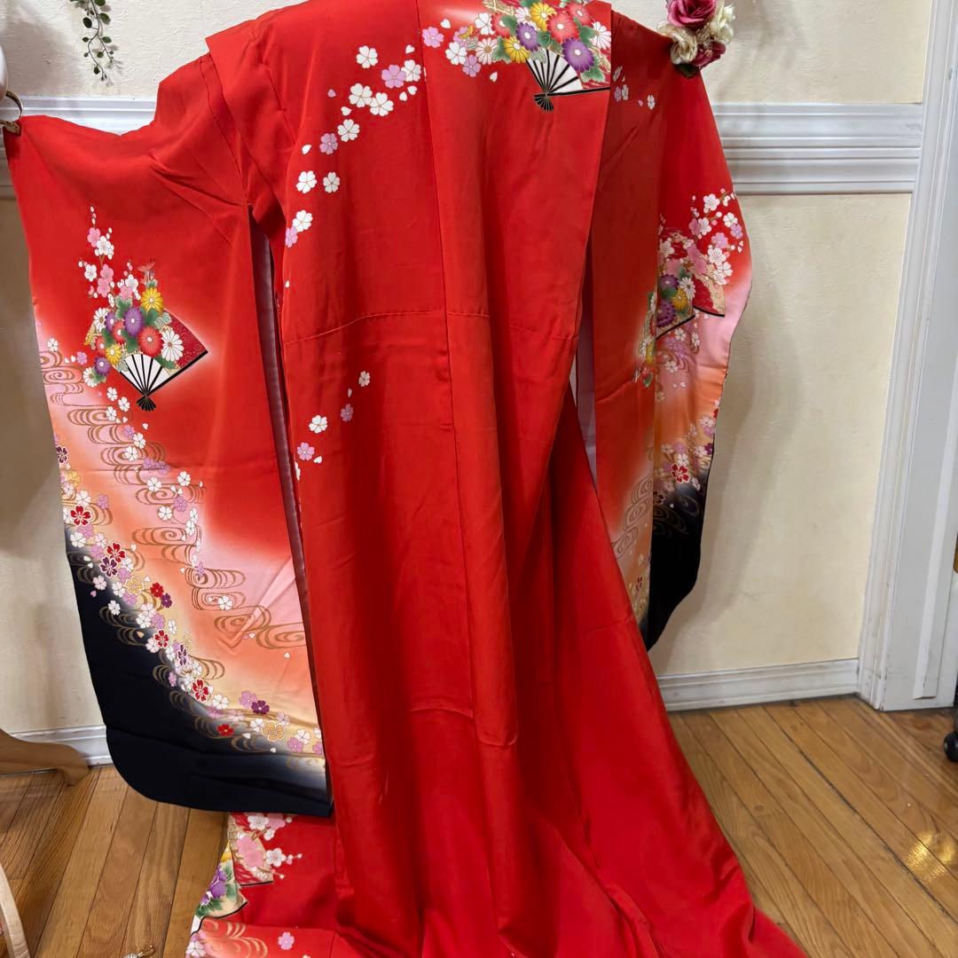 七五三 女子着物 7歳赤地暈し‼️豪華扇花々金彩金箔絢爛完全フルセット‼️