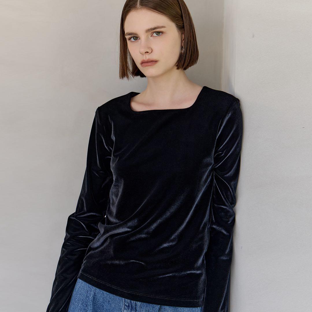 タグ付　YONFA ヨンファ　ベルベットスクエアネックトップスS