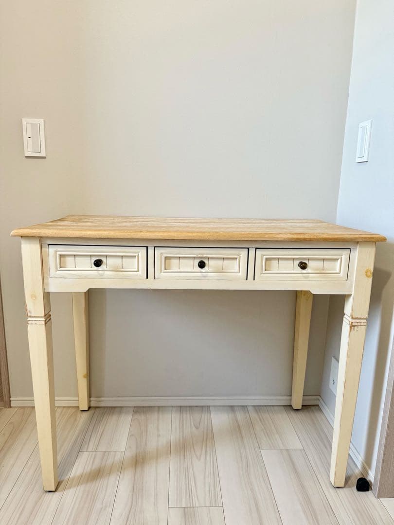 B-COMPANY アイボリー 木製テーブル 3引き出し