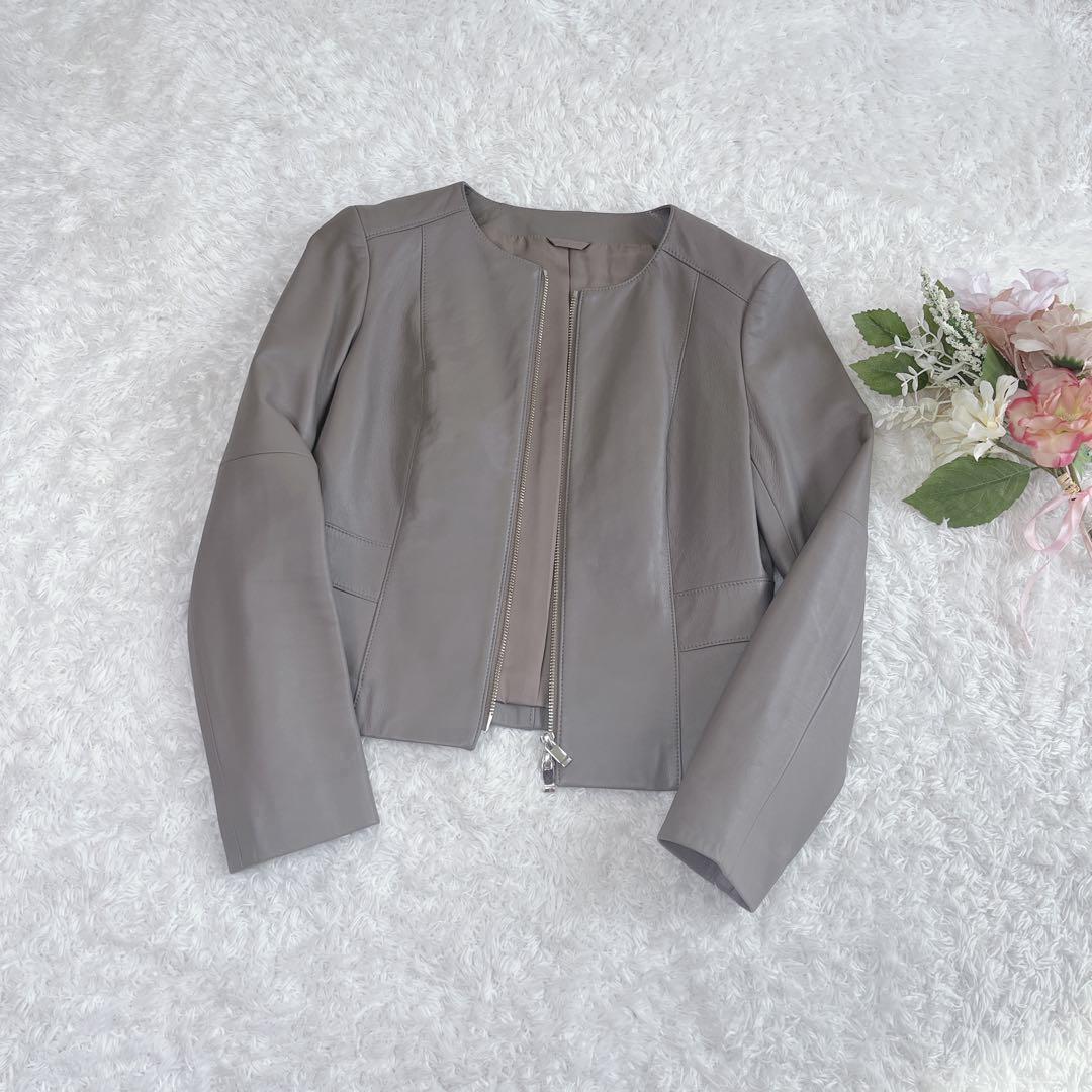極美品✨アナイ ラムレザー ノーカラージャケット グレージュ ダブルジップ 上質
