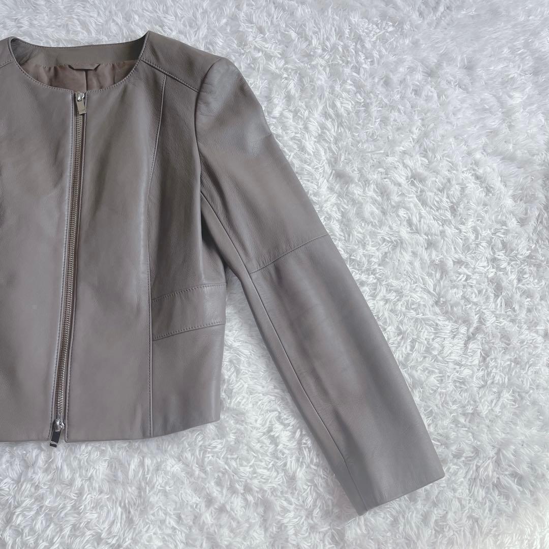 極美品✨アナイ ラムレザー ノーカラージャケット グレージュ ダブルジップ 上質