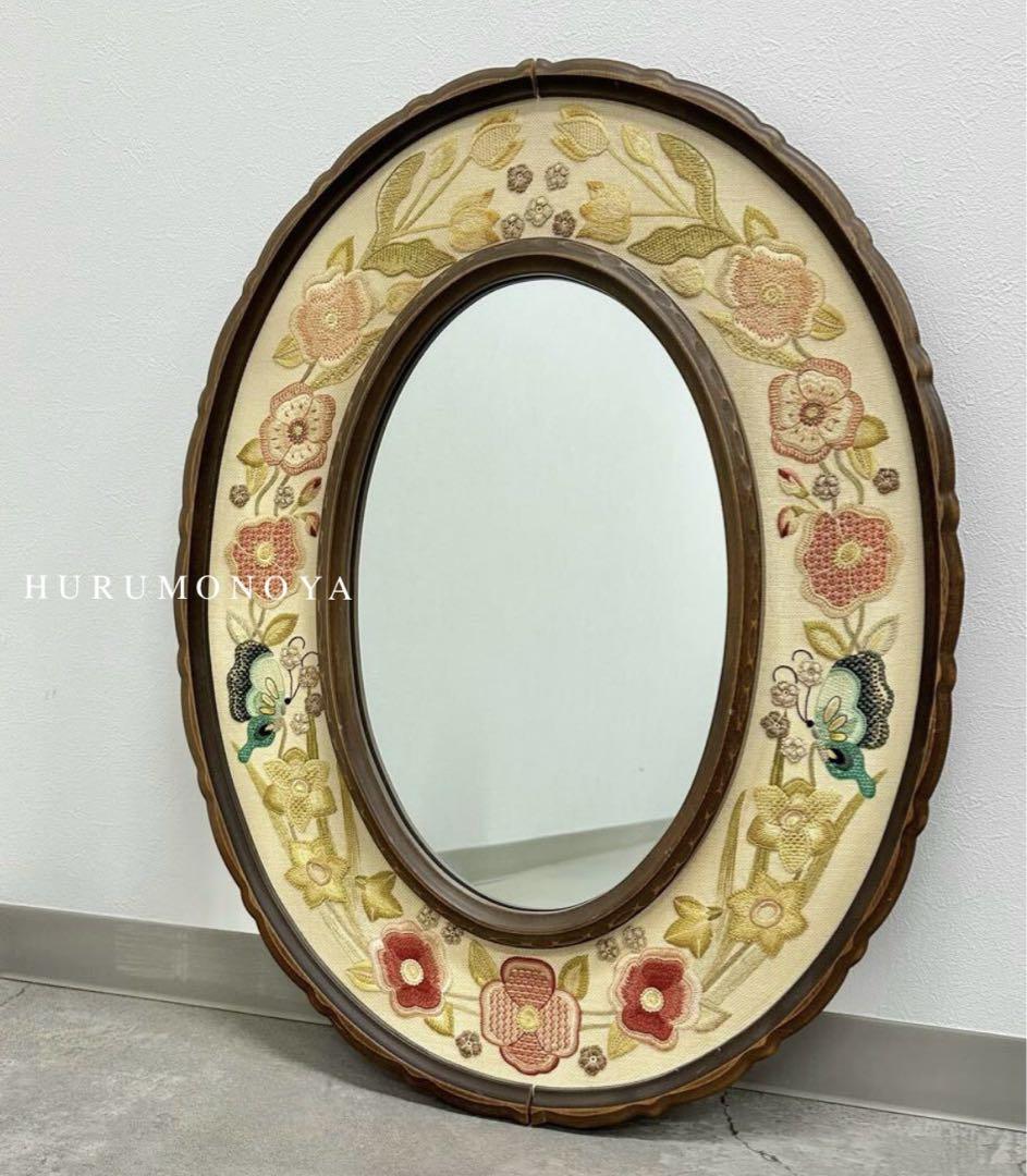 SNT1321 レトロ ミラー 鏡 楕円形ミラー 壁掛け 木製フレーム 刺繍
