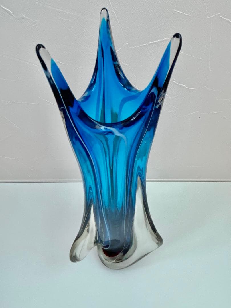 ガラス 花瓶 フリル フラワーベース マルティ グラス 昭和 レトロ blue