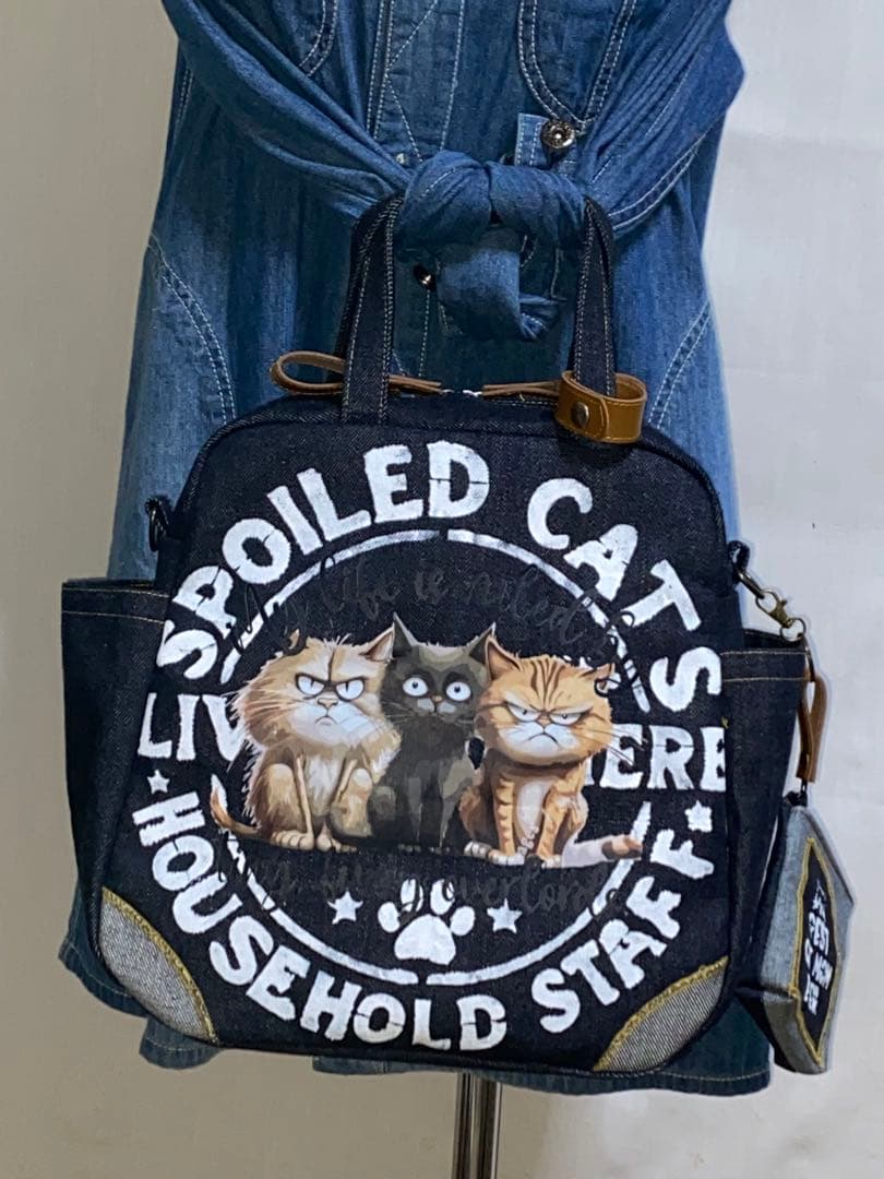 セール☆岡山デニム☆ステンシル☆トラネコ☆悪ネコ☆4wayボストンバッグ