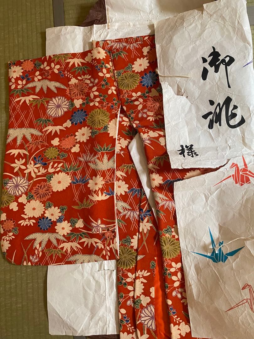 アンティークちりめん着物七五三着物と7歳用和装小物セット 赤とオレンジ　昭和