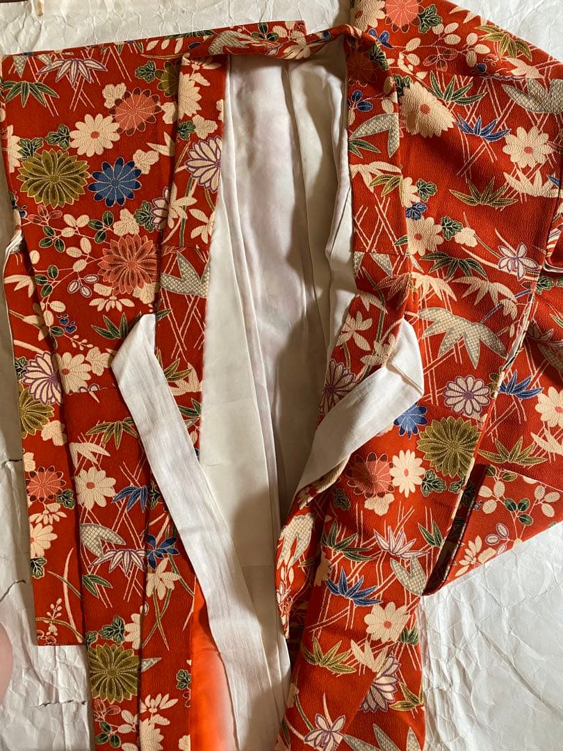 アンティークちりめん着物七五三着物と7歳用和装小物セット 赤とオレンジ　昭和