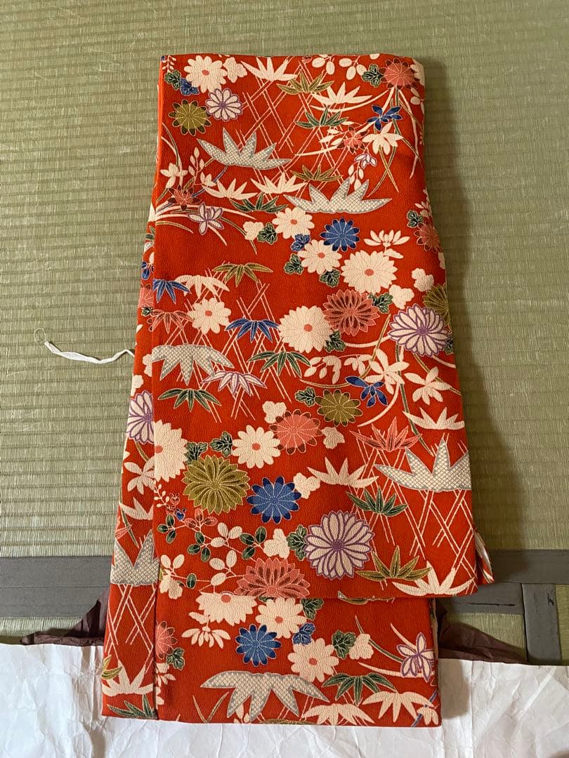 アンティークちりめん着物七五三着物と7歳用和装小物セット 赤とオレンジ　昭和