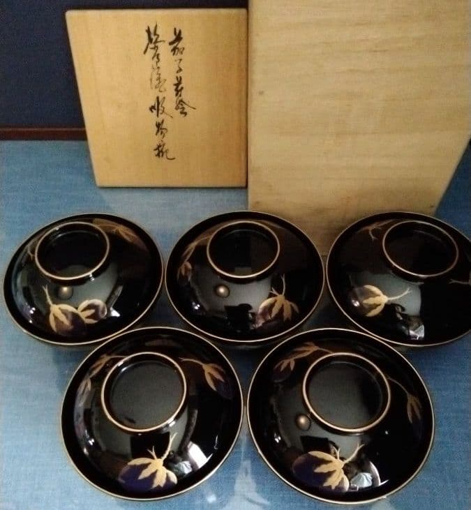 輪島塗　茄子の絵の吸い物椀　五客