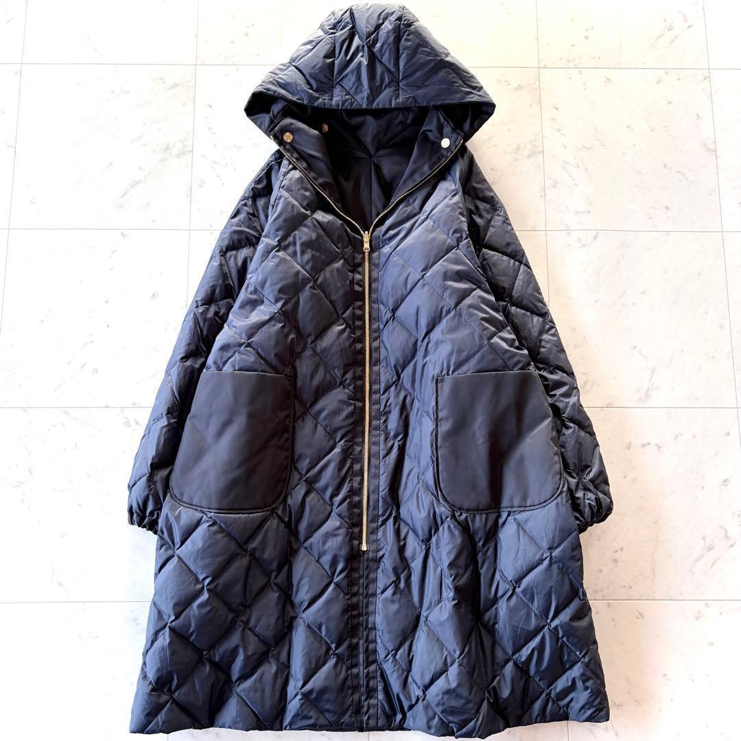 美品 トゥモローランドコレクション リナイロン フーデッドダウンコート ネイビー