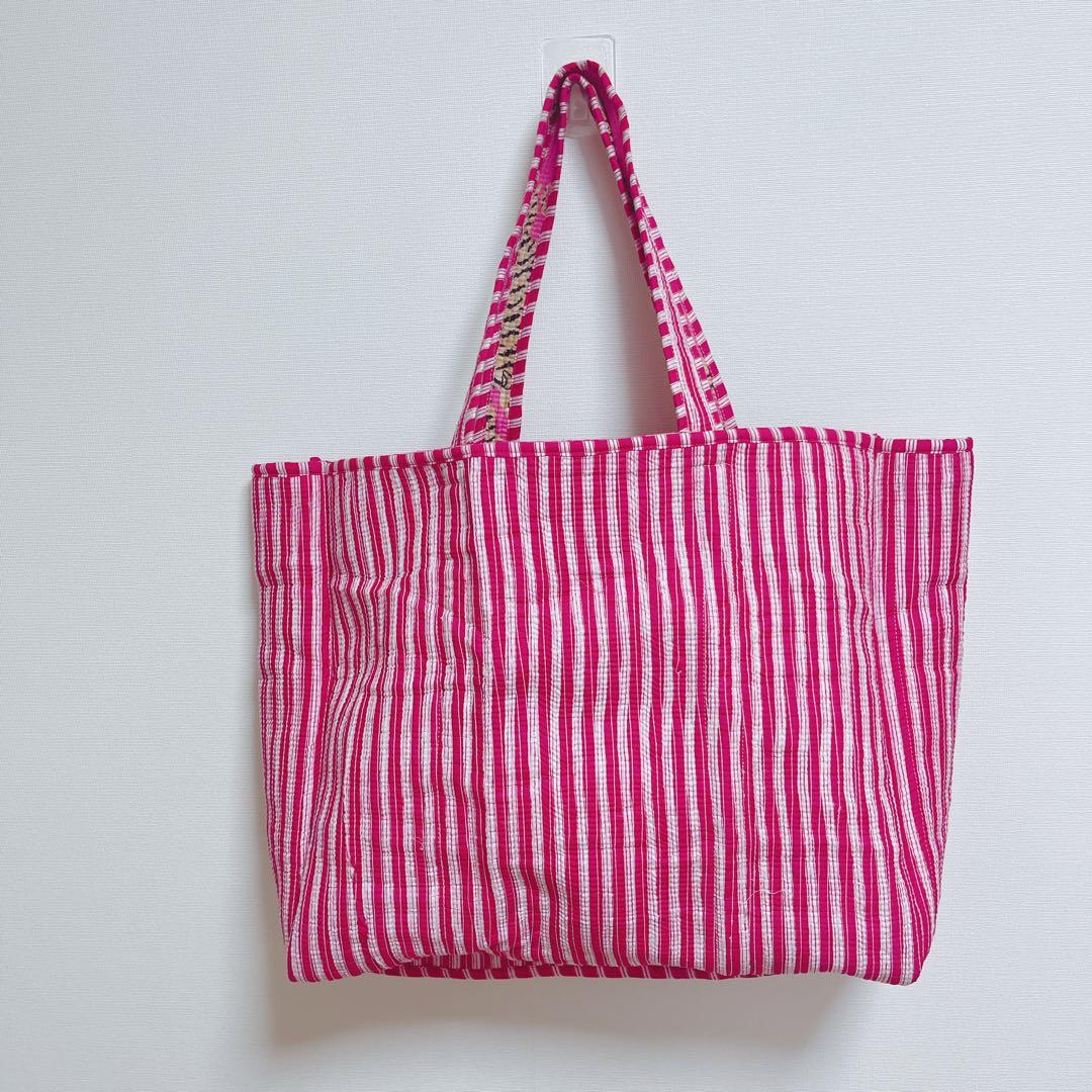 新品◆キルティングコットンバッグ　インド製　トート　虎柄　タイガー　リバーシブル