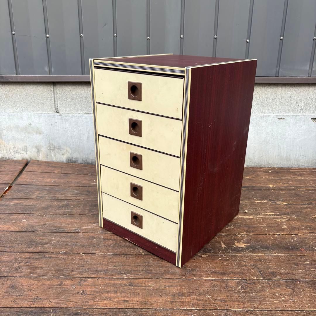 C1 昭和レトロ レトロポップ 木製ミニチェスト 丸型取っ手 5段 古家具古道具