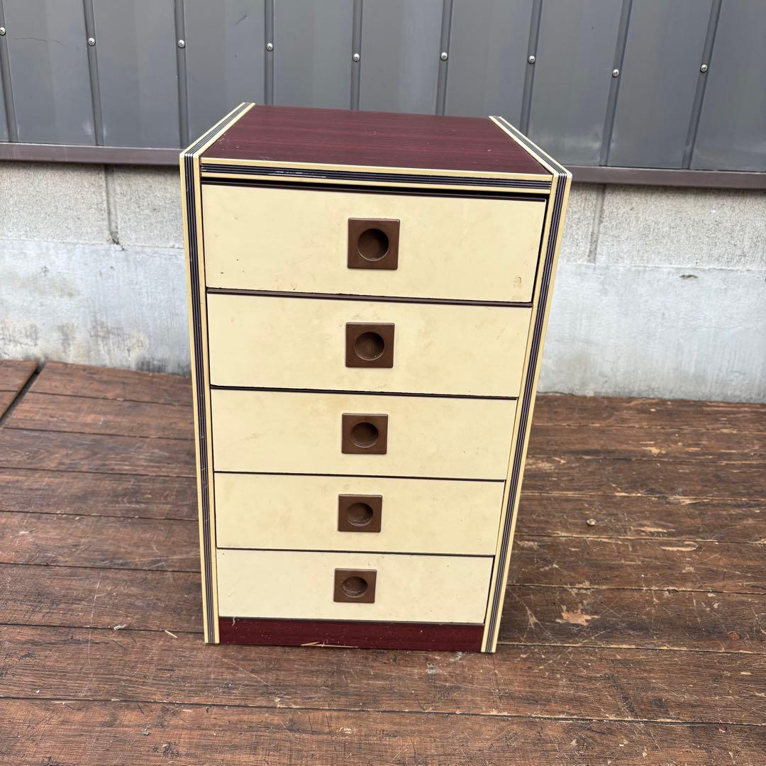 C1 昭和レトロ レトロポップ 木製ミニチェスト 丸型取っ手 5段 古家具古道具