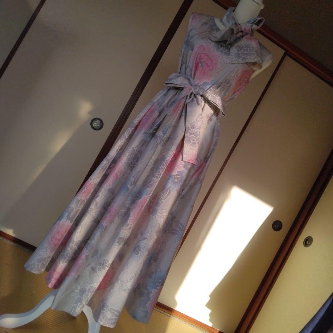 白大島紬解き生地から、バイアス仕立てロングフレアーワンピース　　Ｍ寸