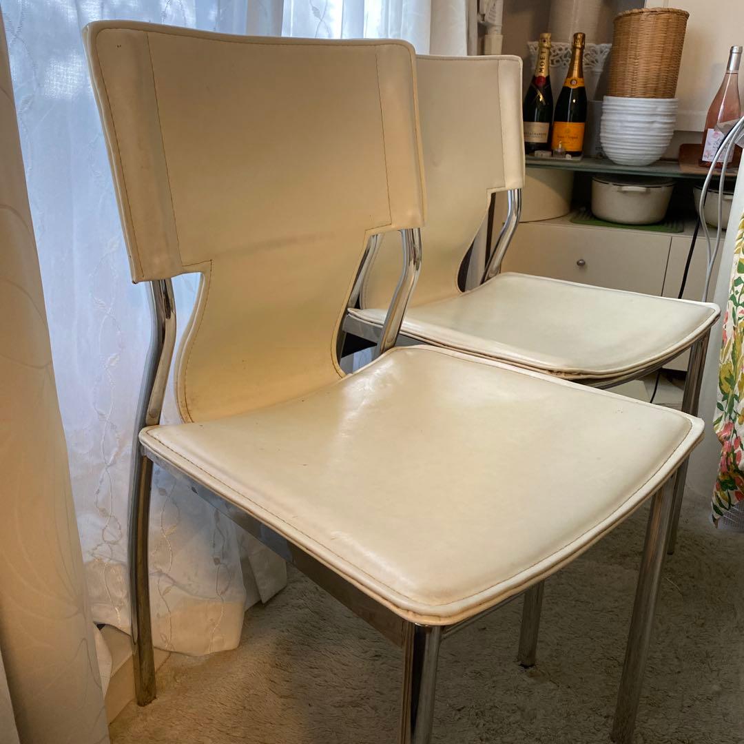 ホワイト本皮革ダイニングチェア 2脚