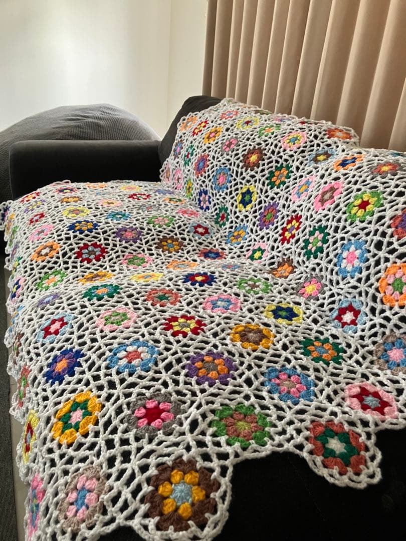 手編み　ソファーカバー　ベッドカバー　大判ブランケット　マルチカバー　かぎ針編み