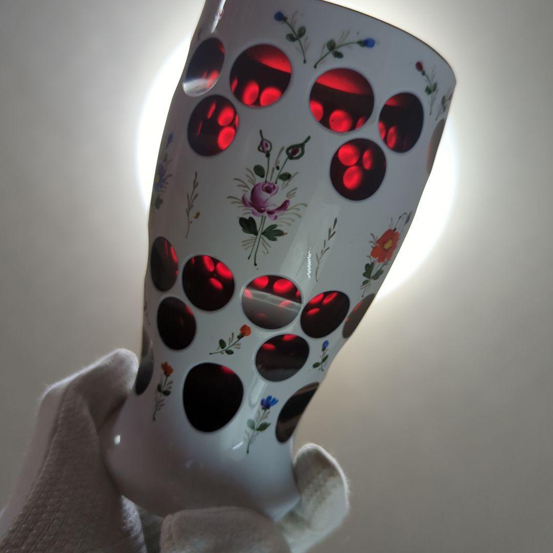 【 アンティーク 】 ボヘミアガラス／花瓶／フラワーベース／琺瑯／ホーロー