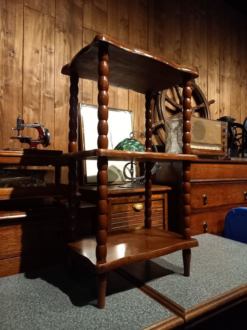 1970's　コロニアル　チーク　無垢材　ボビン　レッグス　３段　サイド　ラック