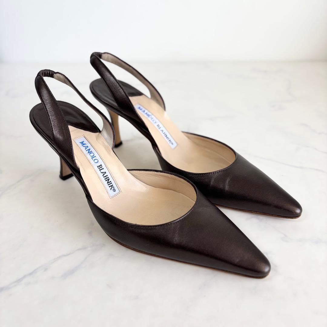 美品 マノロブラニク 36 キャロリン￼ スリングバック レザー ブロンズ 茶色