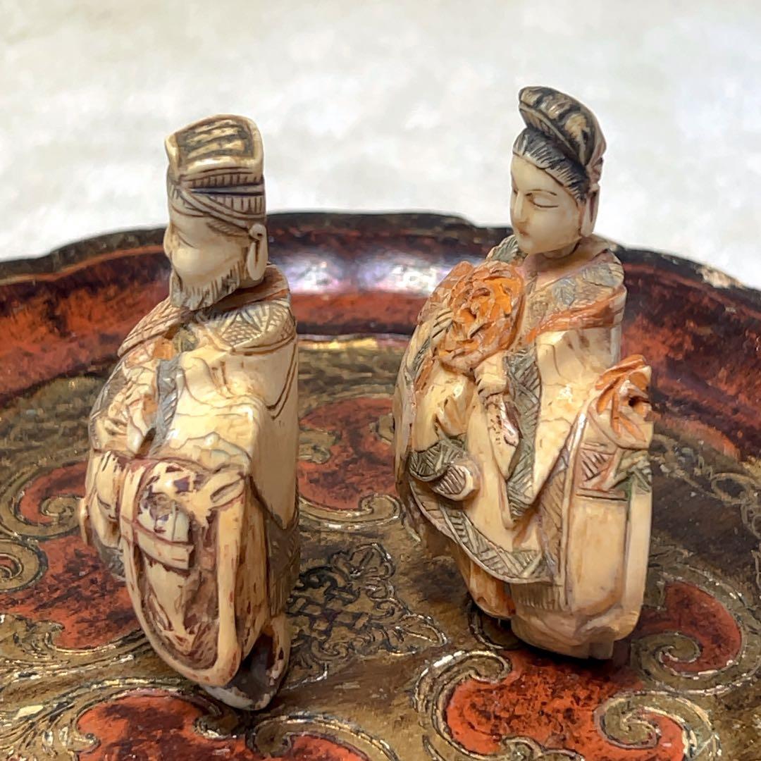中国美術 人物彫刻 置物 一対 細密彫刻 骨董風 工芸品