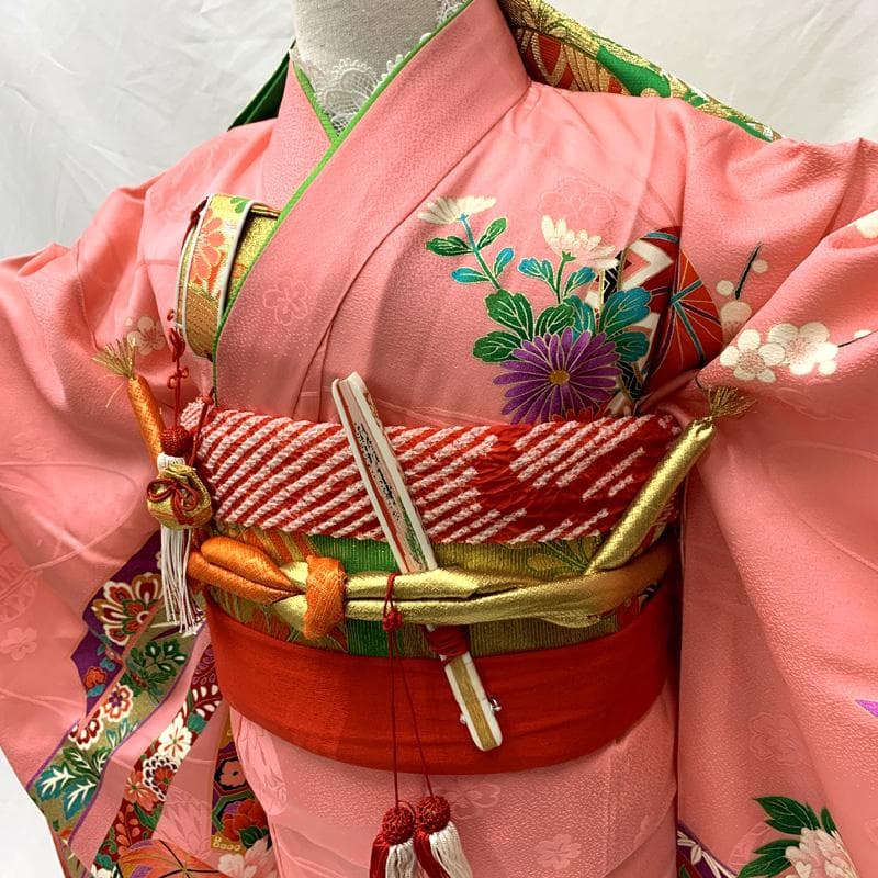 506ag38□七五三 七歳 女児 着物&袋帯 金彩 束ね熨斗 毬□美品