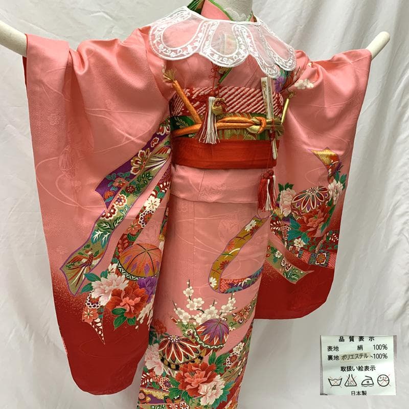 506ag38□七五三 七歳 女児 着物&袋帯 金彩 束ね熨斗 毬□美品