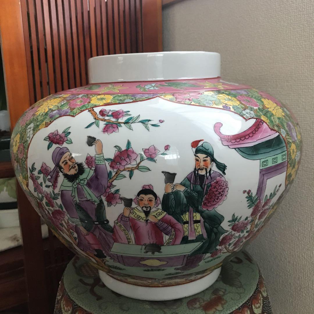 中国美術　壺　特大　粉彩　三国志　花鳥紋　清朝　古美術　骨董品　年代品