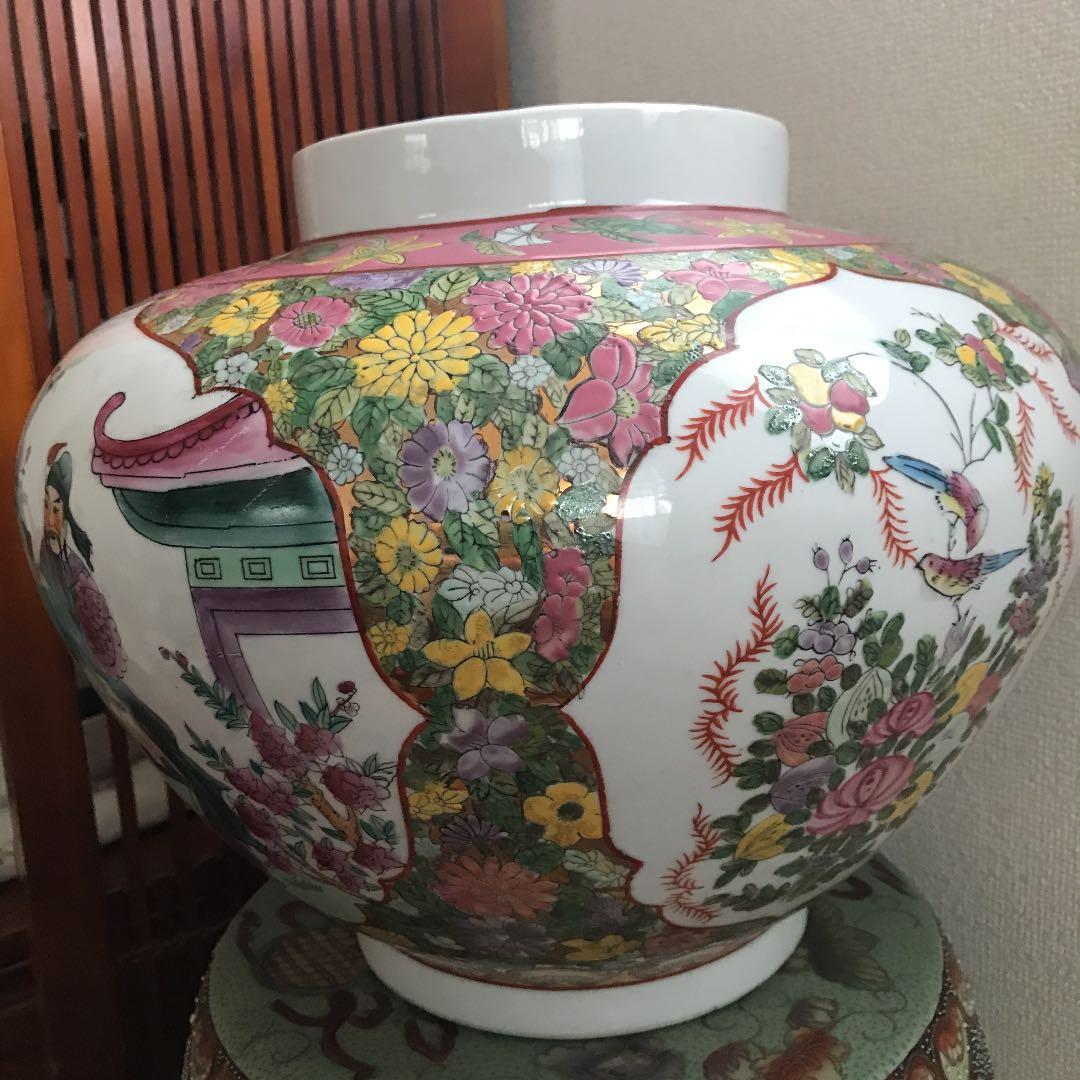 中国美術　壺　特大　粉彩　三国志　花鳥紋　清朝　古美術　骨董品　年代品