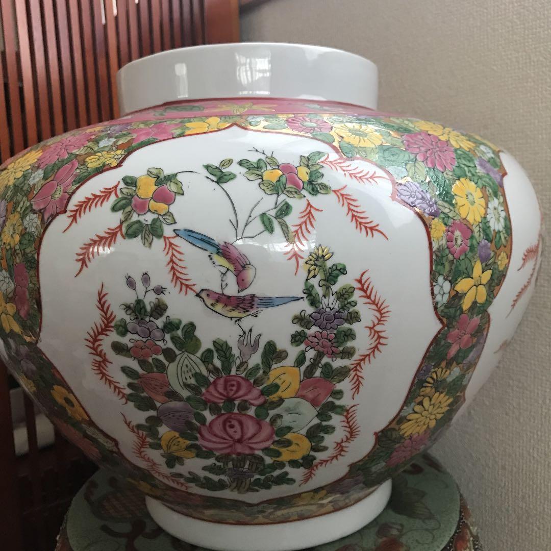 中国美術　壺　特大　粉彩　三国志　花鳥紋　清朝　古美術　骨董品　年代品