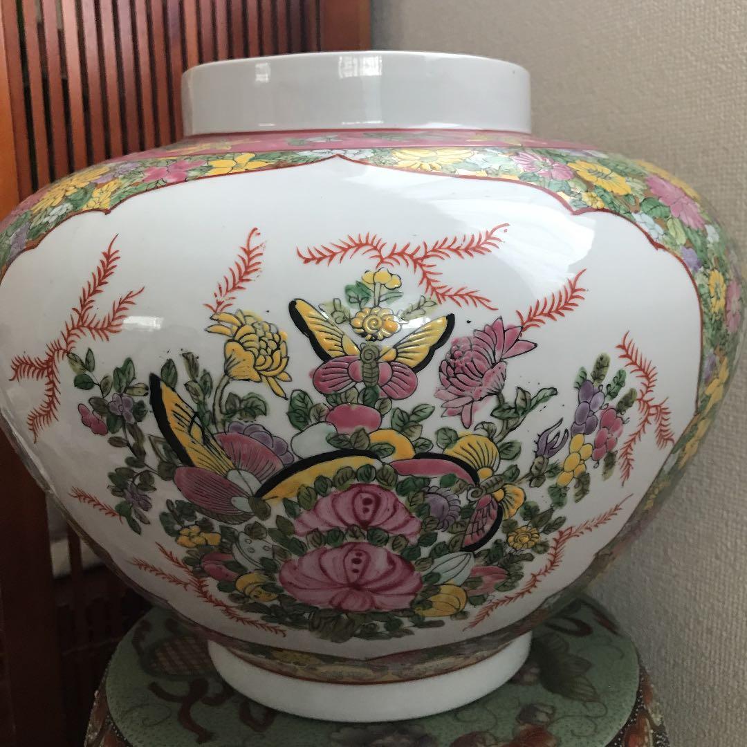 中国美術　壺　特大　粉彩　三国志　花鳥紋　清朝　古美術　骨董品　年代品