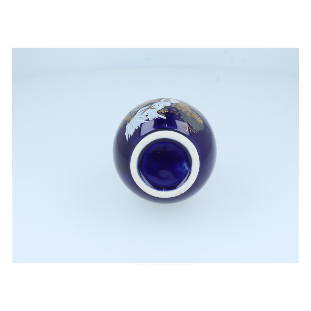 【美品】陶器製花瓶 金彩鳥花模様 ダークブルー アンティーク調 インテリア