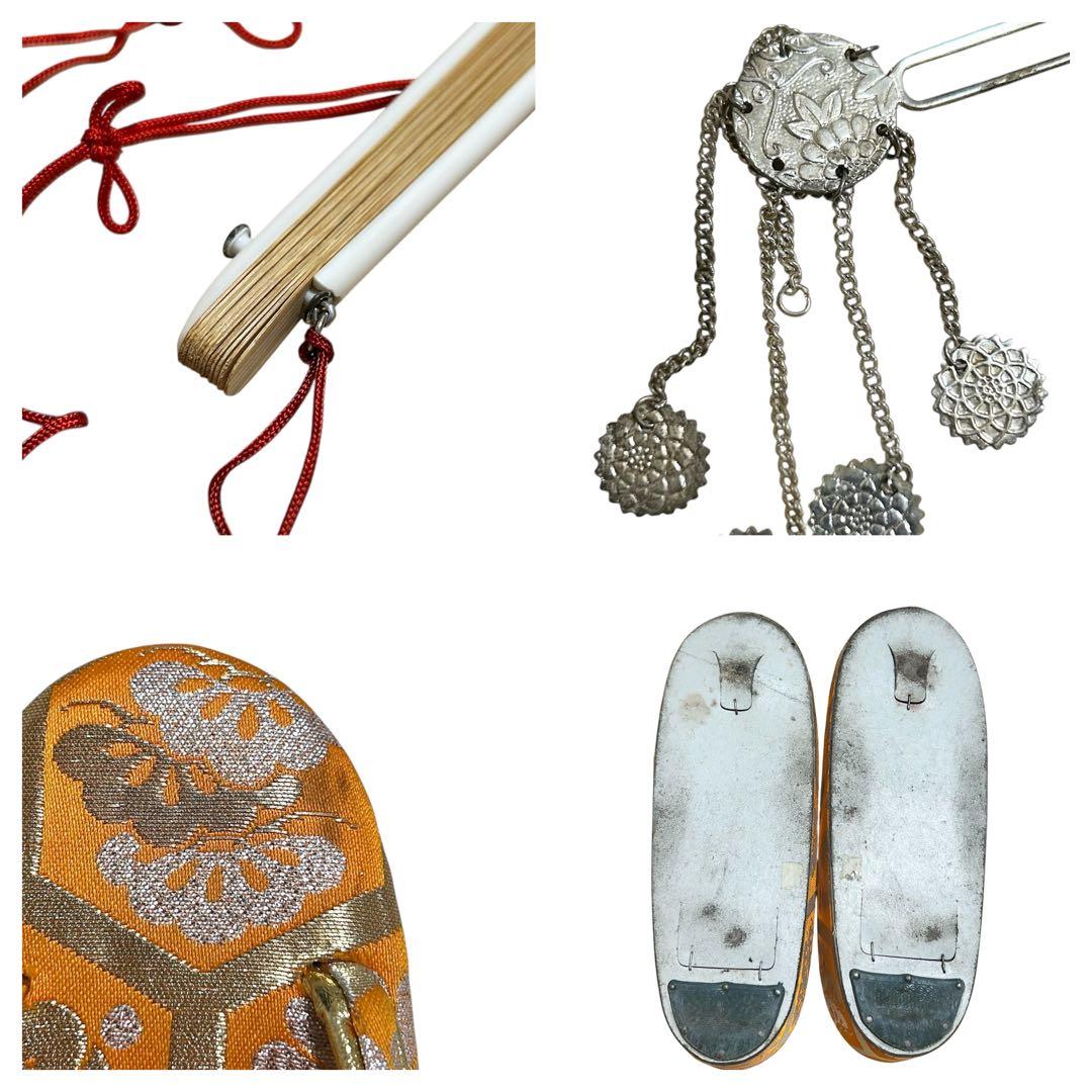 着物　七五三　7歳　女の子　13点　フルセット　オレンジ　グレージュ　格子　花文