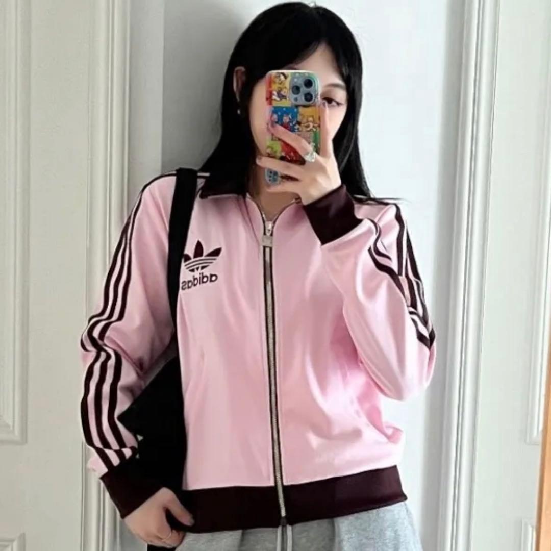 新品M⭐️韓国限定 adidas トラックジャケット 刺繍ロゴ ピンク×ブラウン