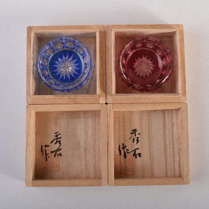 堀口硝子　須田秀石作　江戸切子　玉格子文　小鉢　共箱　2点　D　R8799