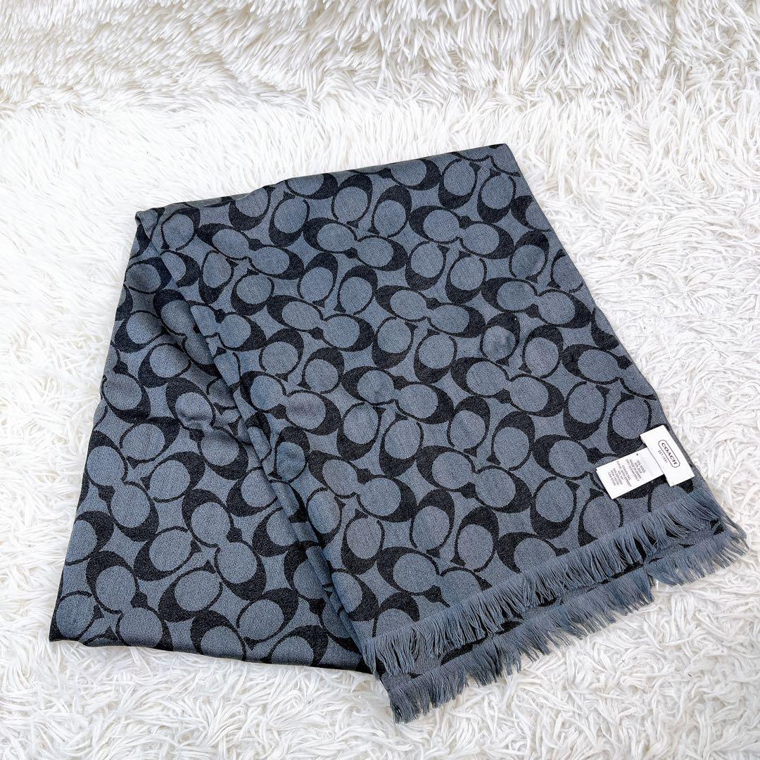 COACH コーチ シグネチャー マフラー ウール×カシミヤ フリンジ付 グレー