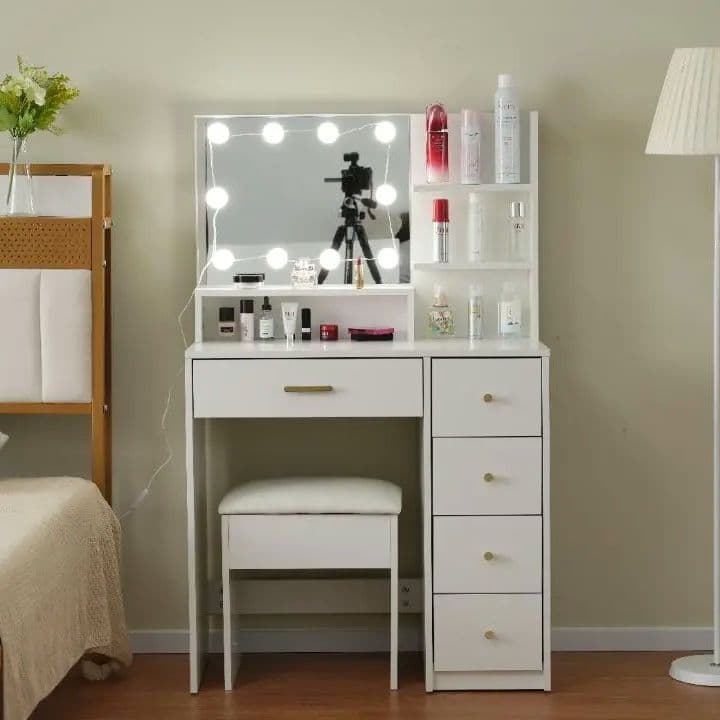 コメントで10%OFF ドレッサー 化粧台 鏡台 LEDライト スツール付 収納
