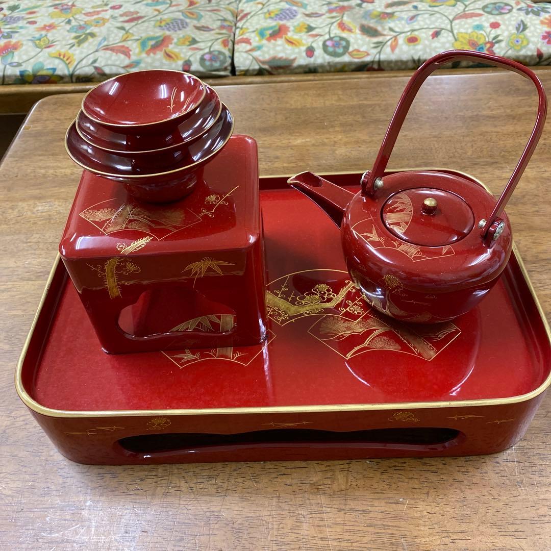 輪島塗四つ揃　木製朱塗沈金扇面蒔絵屠蘇器