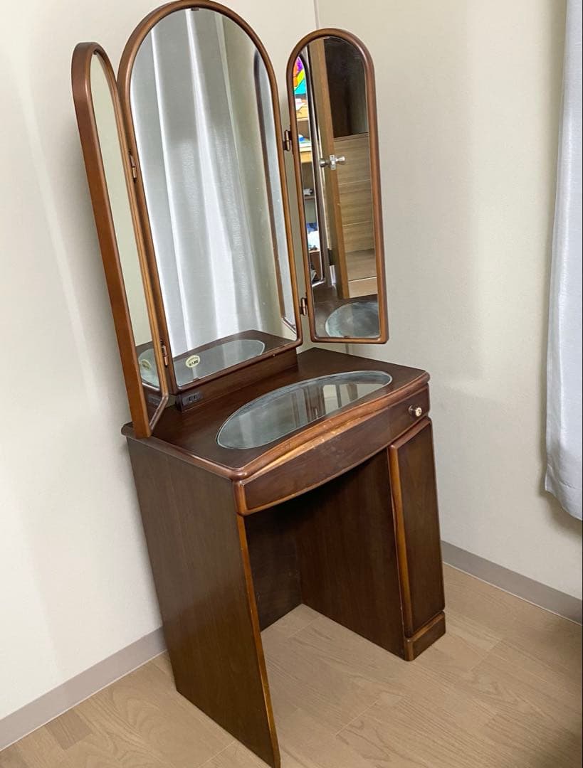 三面鏡　天然木　ドレッサー　オーク　レトロ　板ガラス　コンセント付き　高級家具