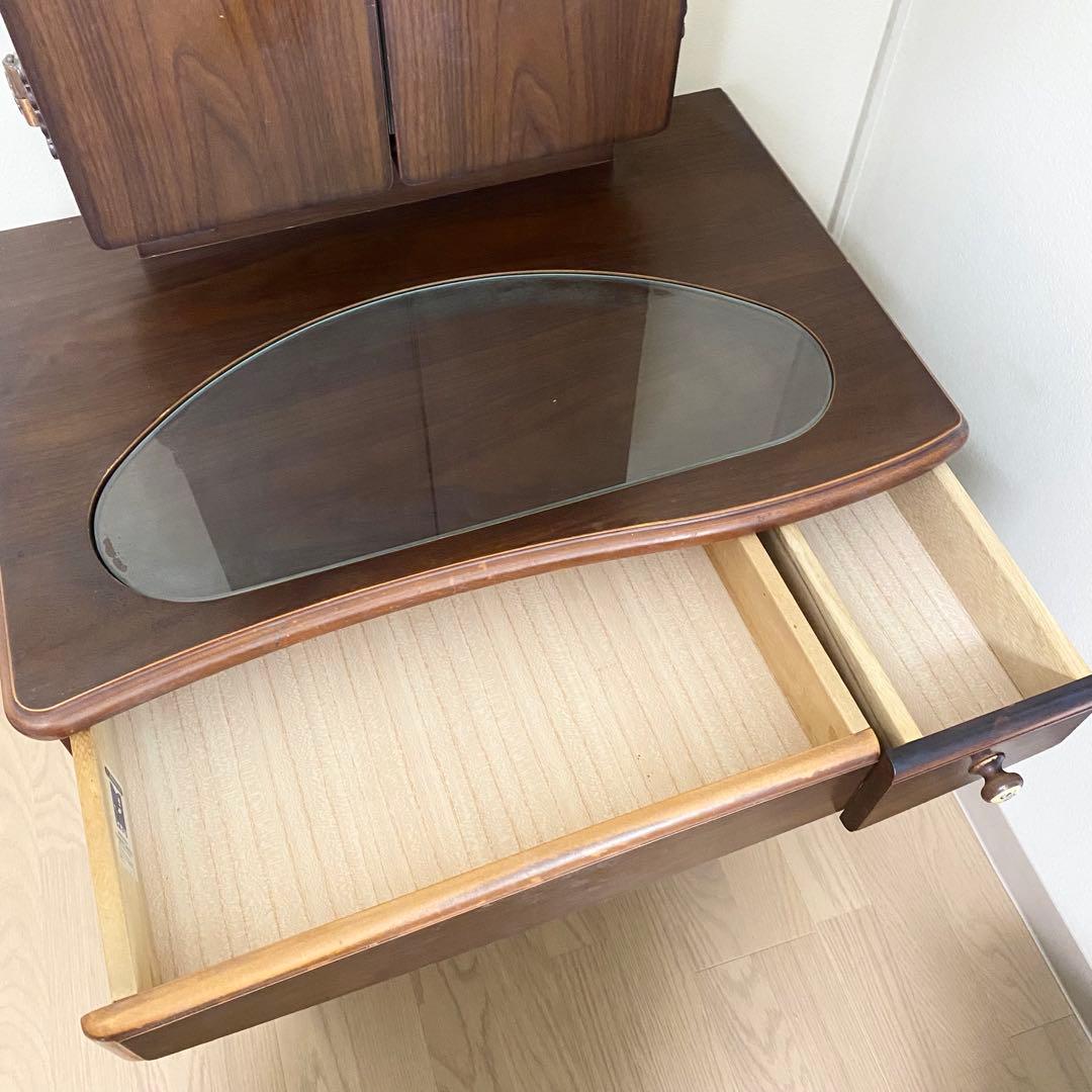 三面鏡　天然木　ドレッサー　オーク　レトロ　板ガラス　コンセント付き　高級家具