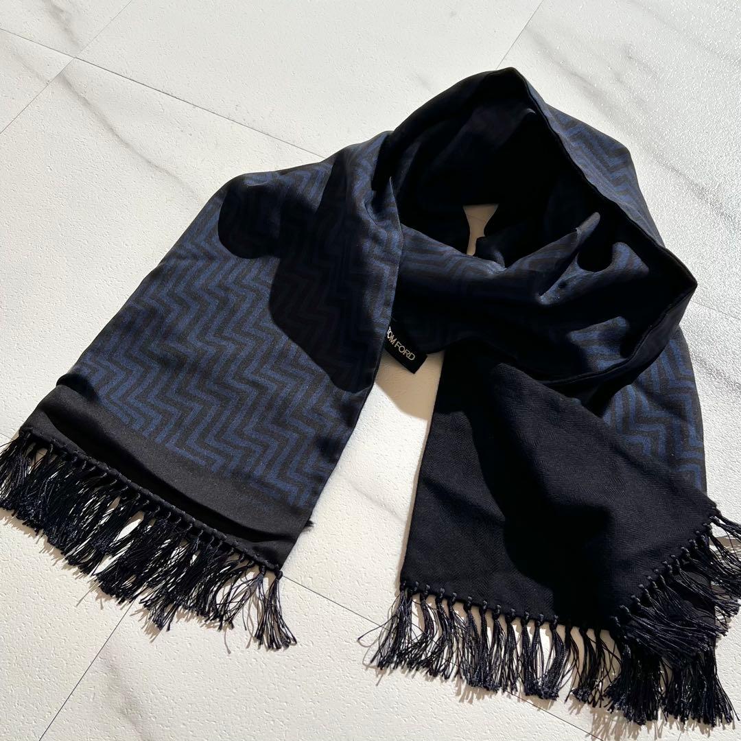 極美品✨ TOM FORD ブラック ネイビー マフラー　トムフォード シルク