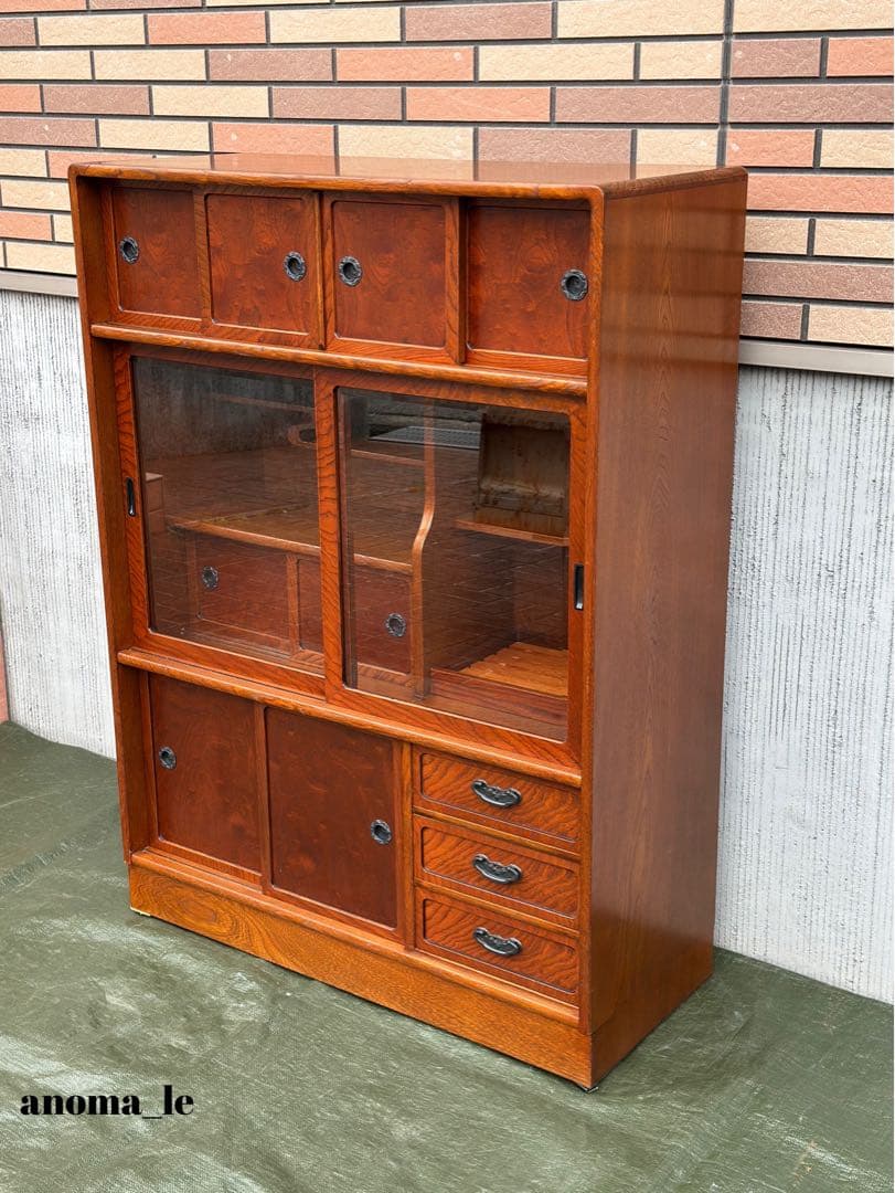 【茶箪笥】国産　木製　違い棚　引き戸　収納棚　水屋箪笥　和家具◎