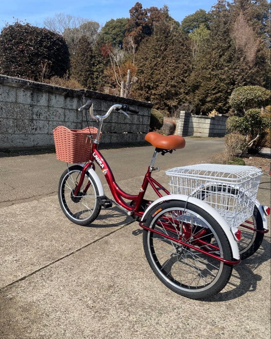 赤い三輪シティサイクル 前後バスケット付き
