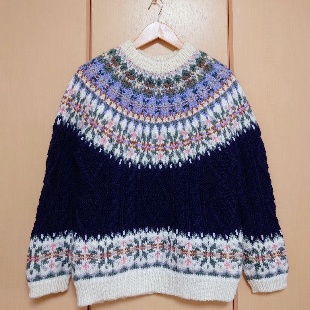 【北欧風】フェアアイル柄 ノルディック柄 手編みセーター ウール100％ 美品
