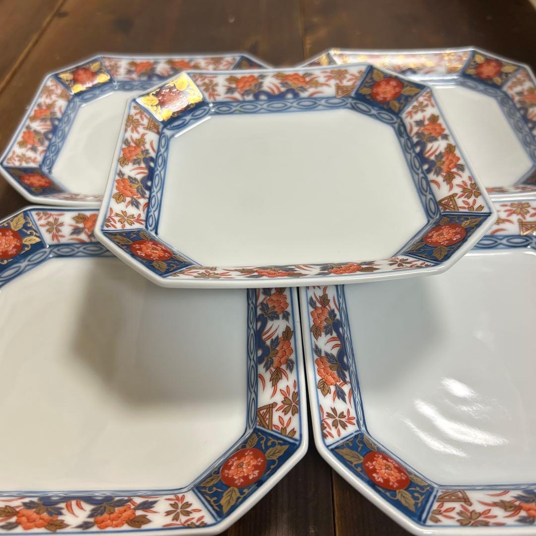 有田焼　宗右衛門窯　金彩染付赤絵　八角皿　5枚