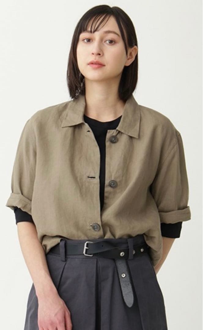 マーガレットハウエル リネンシャツ　半袖 カーキ