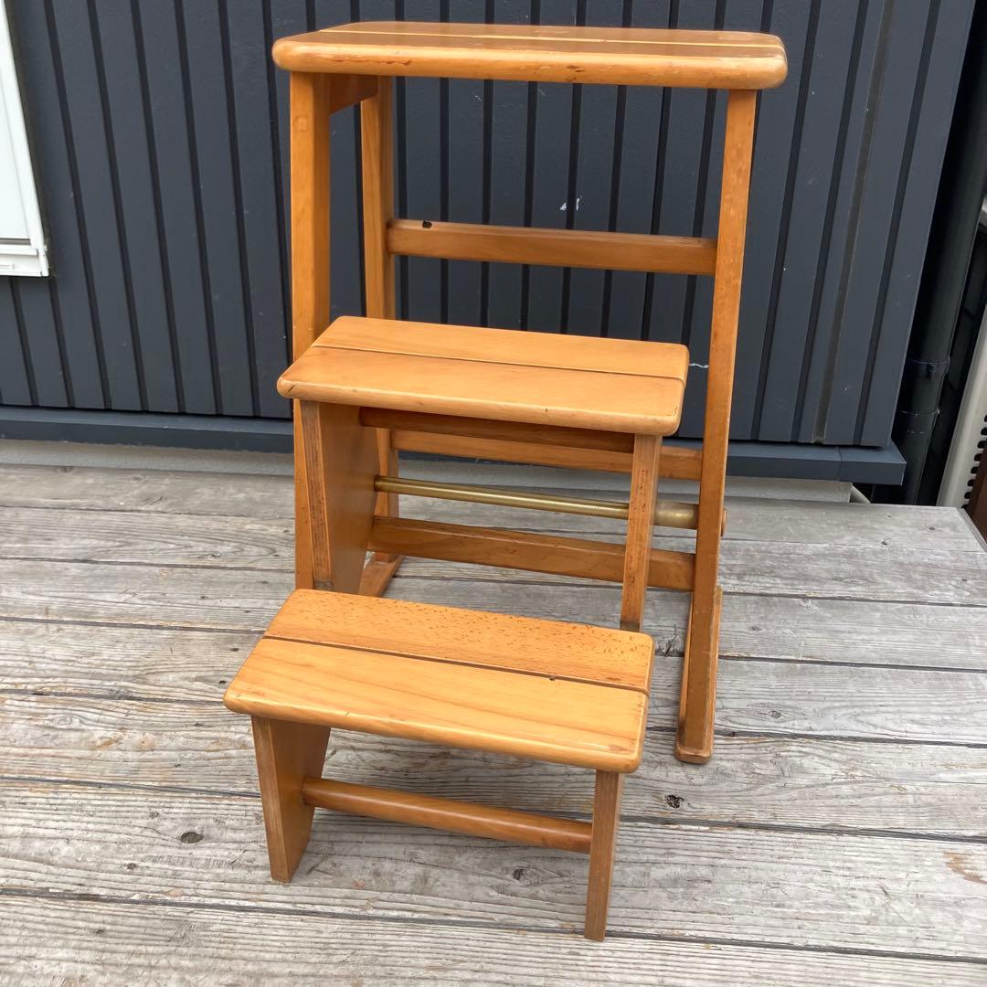 昭和レトロ 格納式 3段 木製階段脚立 踏み台 ステップスツール 飾り棚 花台