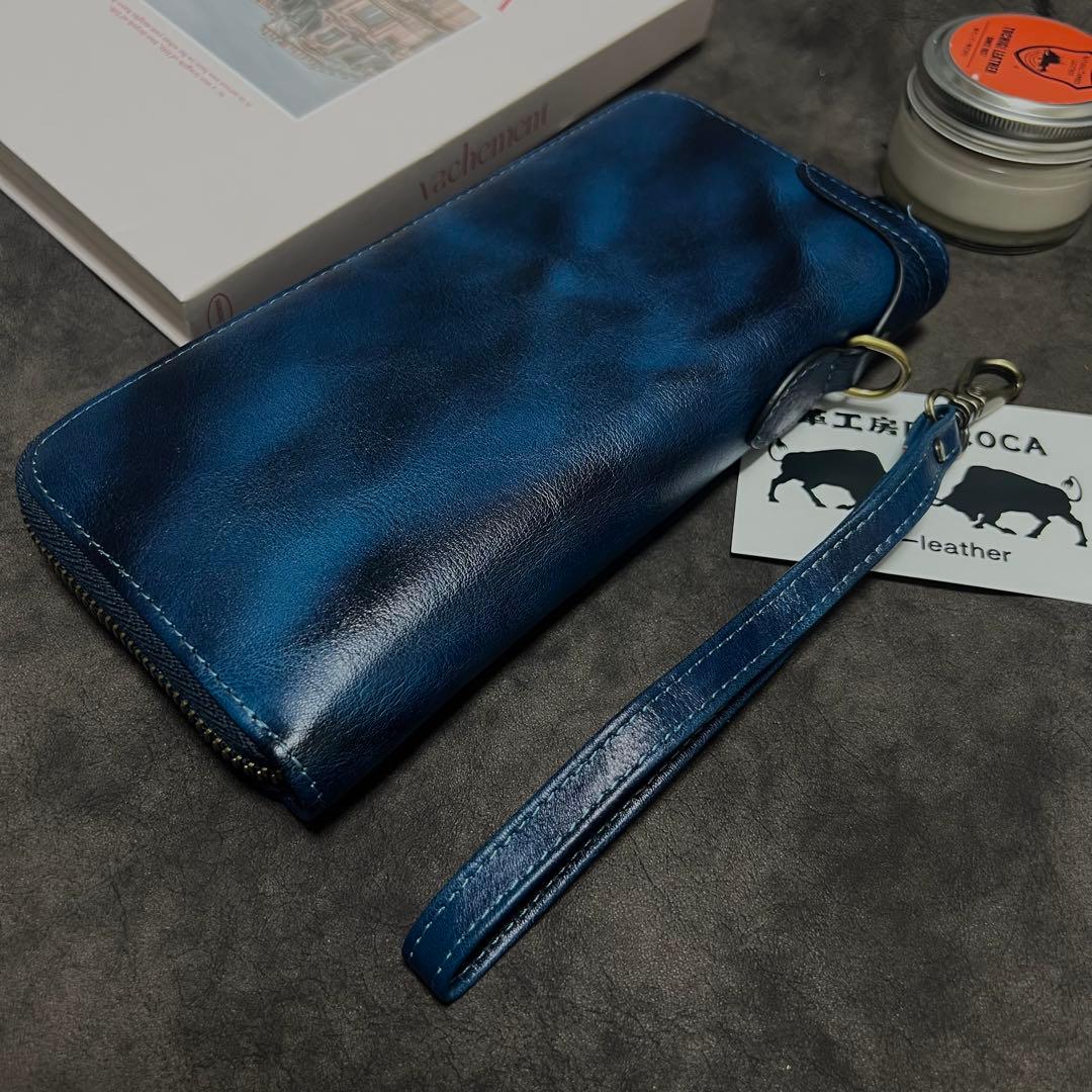 新作品　数量限定　藍色　手染めイタリアンレザー メンズ 牛革本革　長財布
