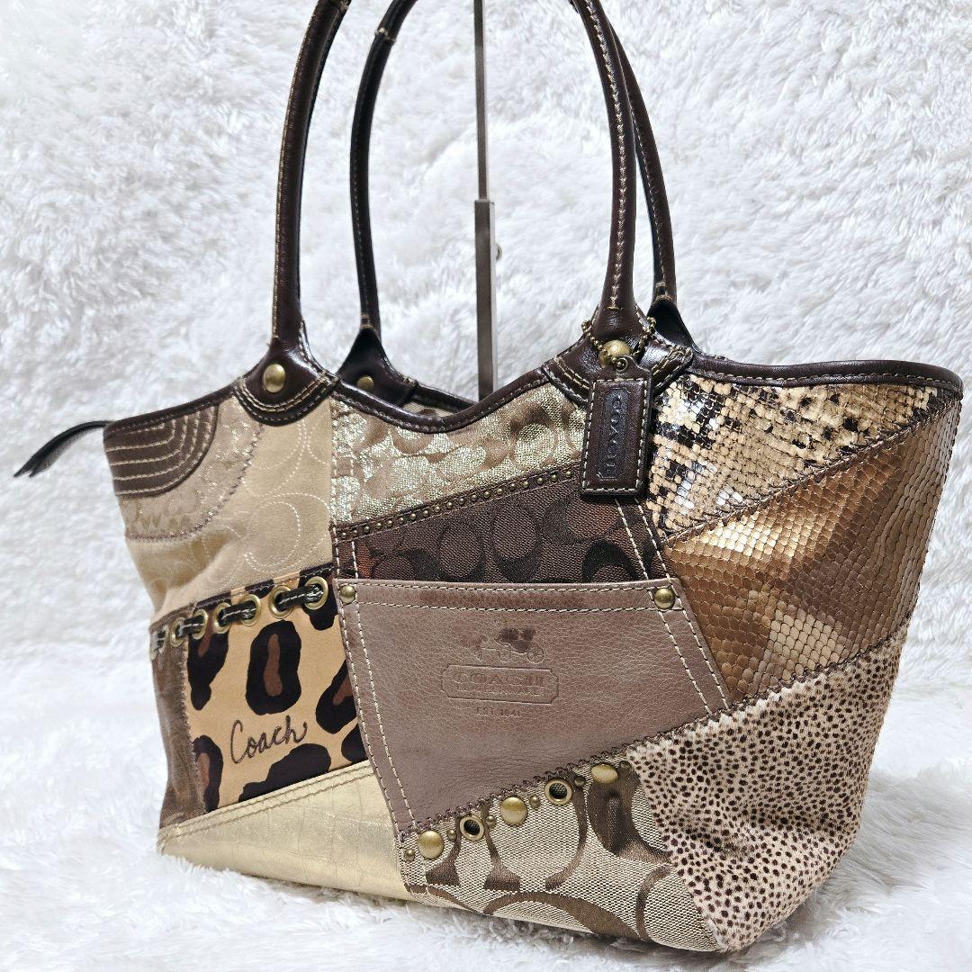 COACH パッチワーク トート ブリーカー 異素材 ブラウン 12899